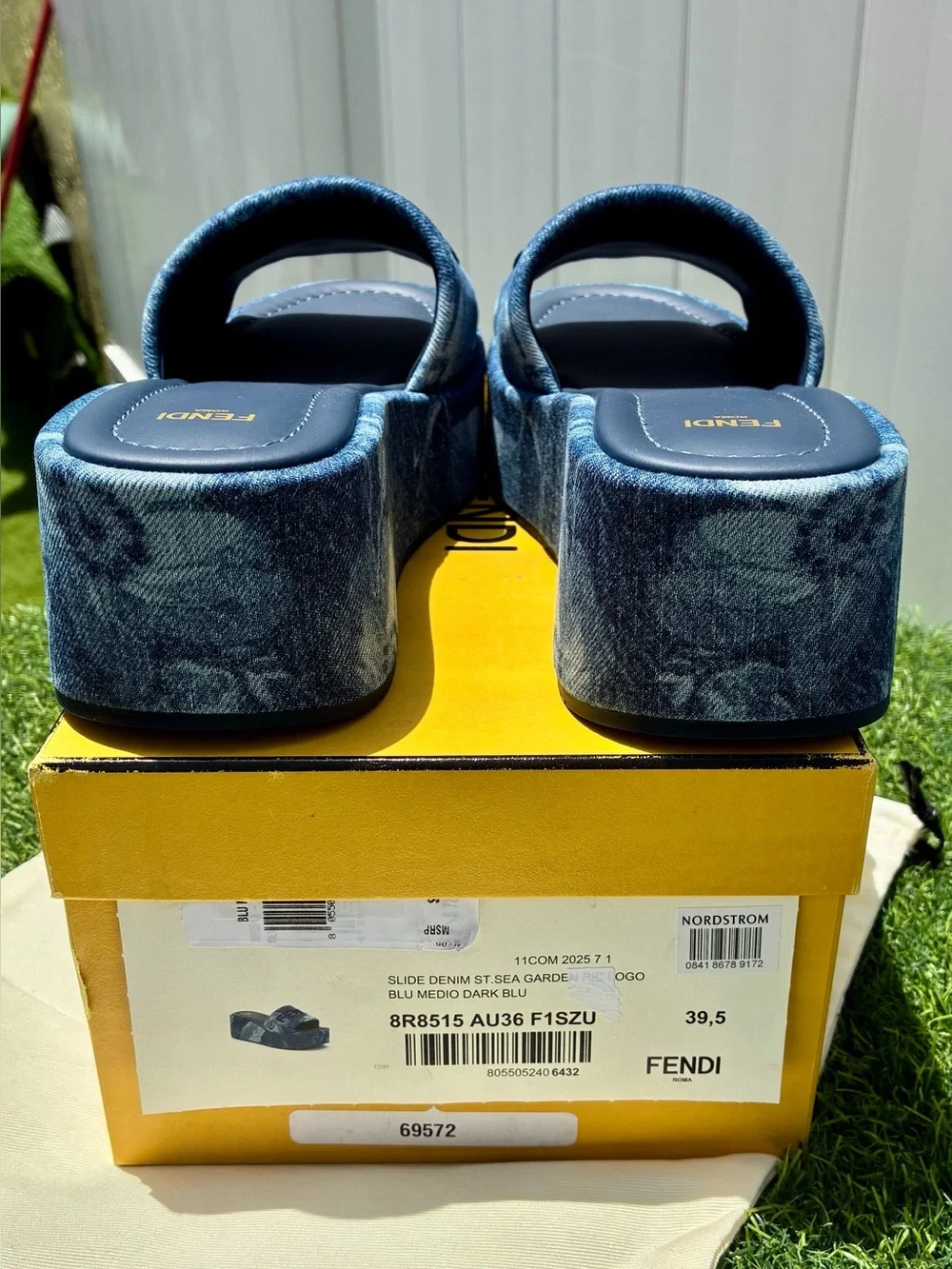 FENDI SUNSHINE BLUE DENIM PLATFORM SLIDE SANDALS EMBROIDERED LOGO SZ 39.5 NEW